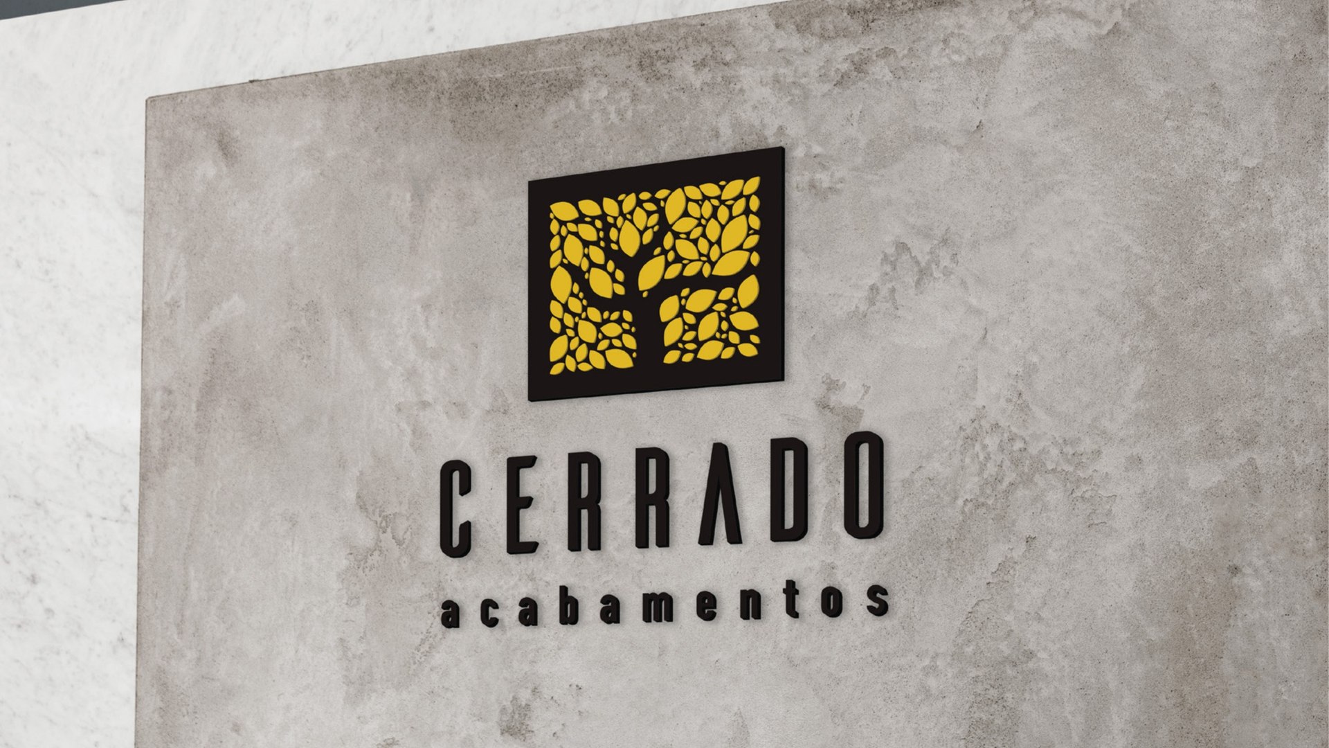 Nova marca Cerrado Acabamentos aplicada em parede de concreto